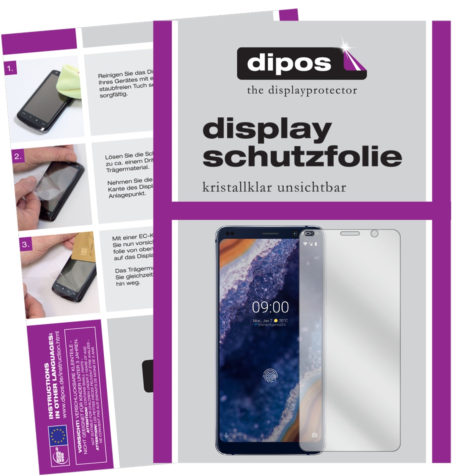 Klare Displayschutzfolie von dipos passend für Nokia 9 PureView, präziser Zuschnitt und blasenfrei montiert