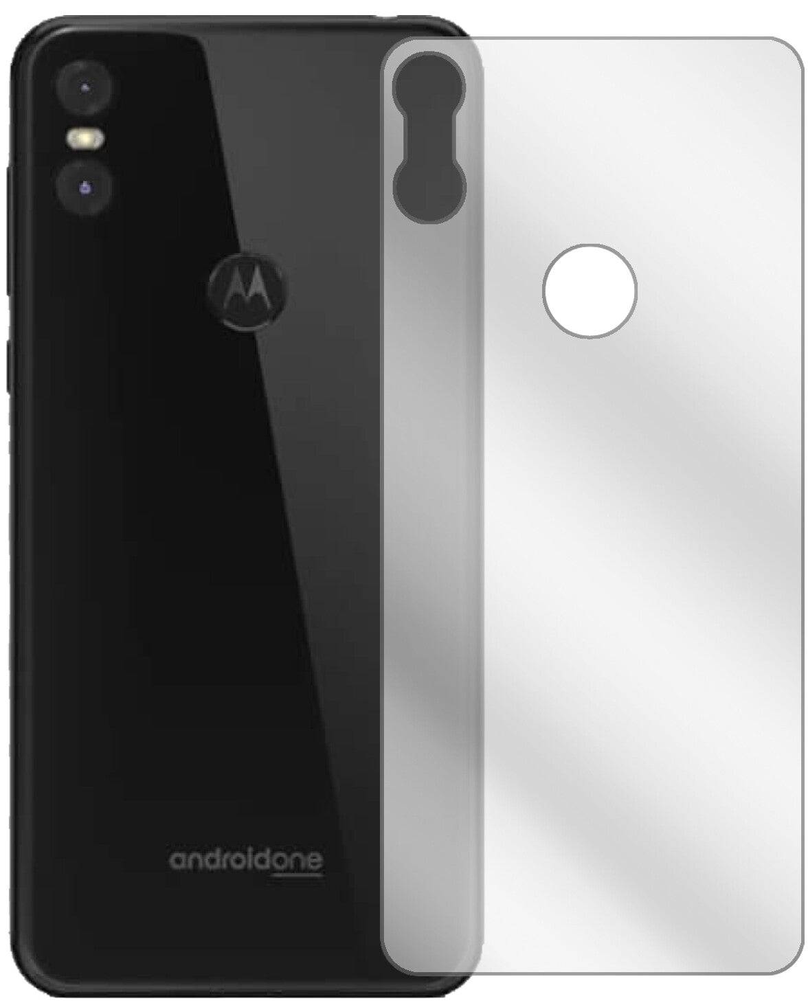 MotorolaOne Rückseite mit aufgebrachter dipos Displayschutzfolie, glasklare Darstellung ohne Einschränkungen