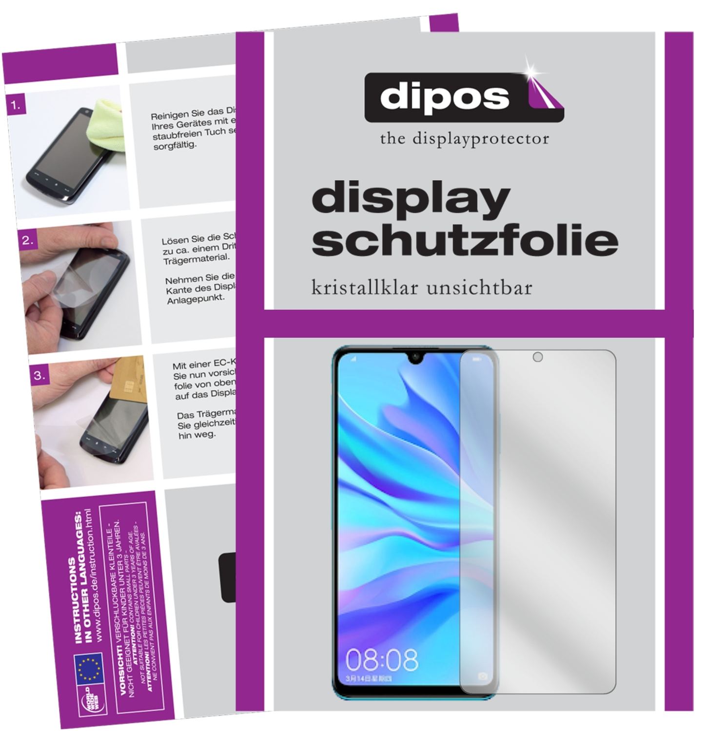 Klare Displayschutzfolie von dipos passend für Huawei Nova 4e, präziser Zuschnitt und blasenfrei montiert