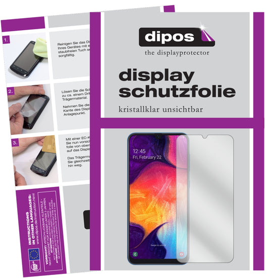 Klare Displayschutzfolie von dipos passend für Samsung Galaxy A50, präziser Zuschnitt und blasenfrei montiert