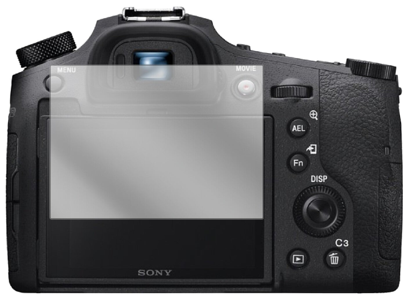 SonyDSC-RX10M4 mit aufgebrachter dipos Displayschutzfolie, glasklare Darstellung ohne Einschränkungen