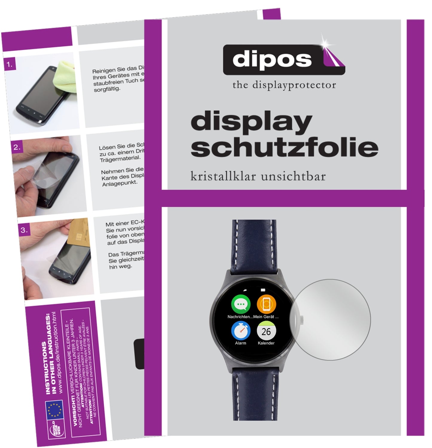 Klare Displayschutzfolie von dipos passend für Uhr 28.5 mm Durchmesser, präziser Zuschnitt und blasenfrei montiert