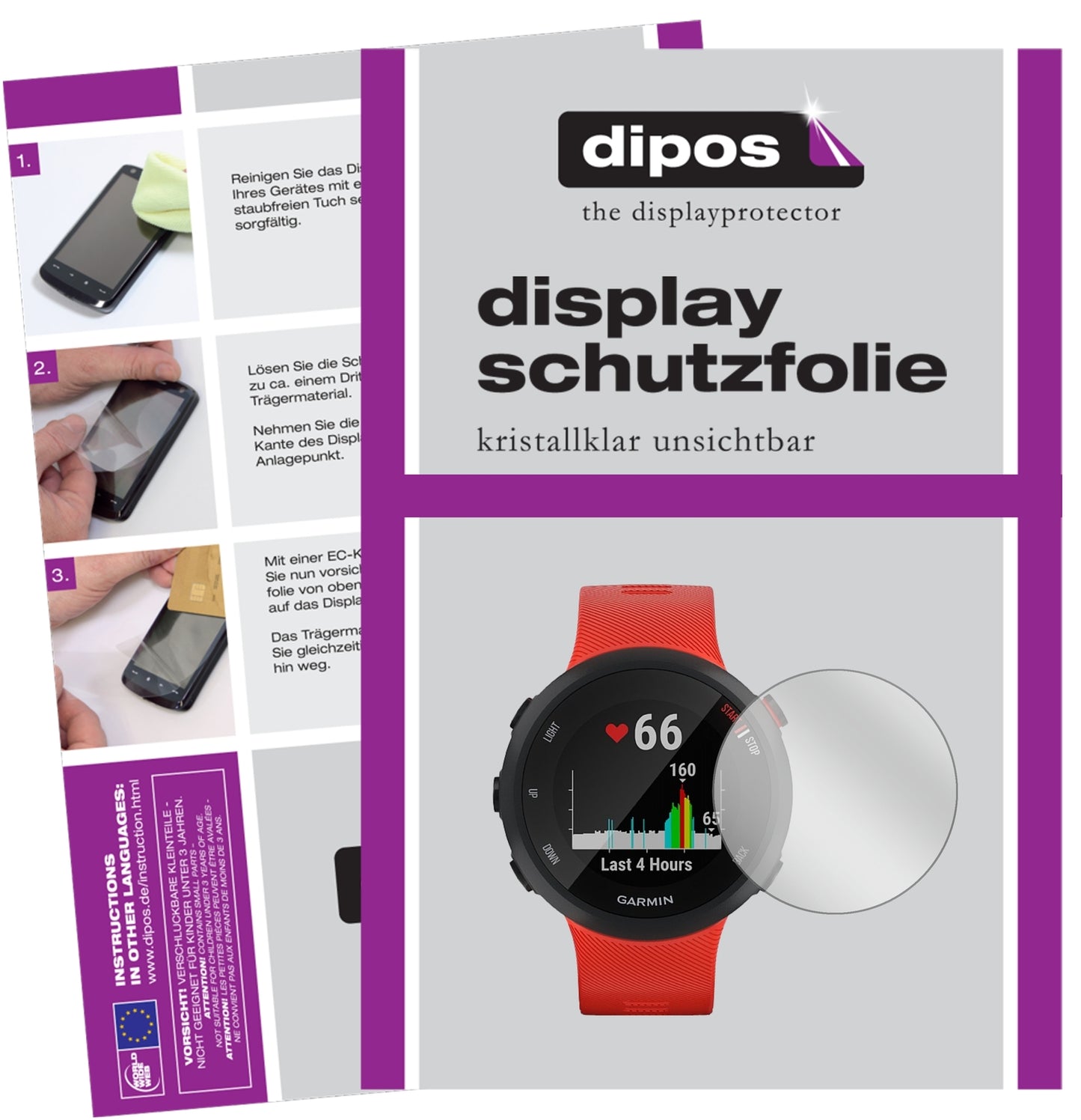 Klare Displayschutzfolie von dipos passend für Garmin Forerunner 45, präziser Zuschnitt und blasenfrei montiert