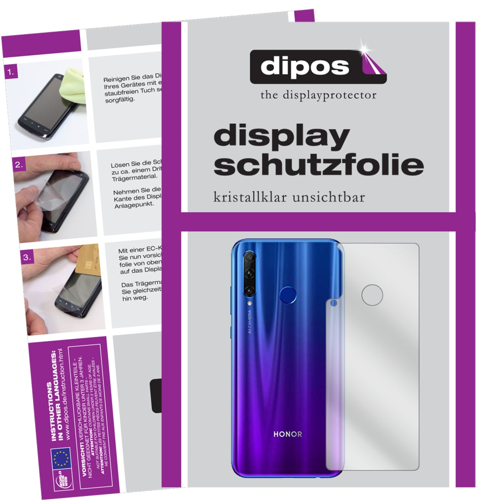 Klare Displayschutzfolie von dipos passend für Honor 20 lite Rückseite, präziser Zuschnitt und blasenfrei montiert