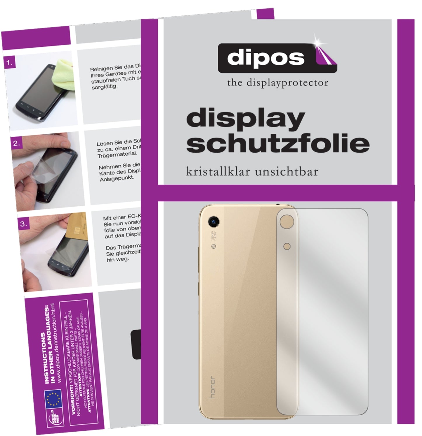 Klare Displayschutzfolie von dipos passend für Honor 8A Pro Rückseite, präziser Zuschnitt und blasenfrei montiert