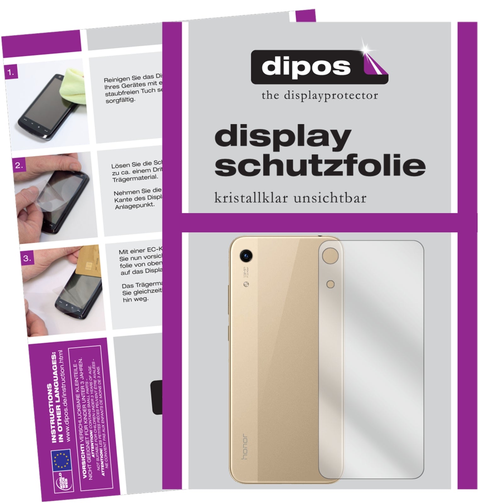 Klare Displayschutzfolie von dipos passend für Honor 8A Pro Rückseite, präziser Zuschnitt und blasenfrei montiert