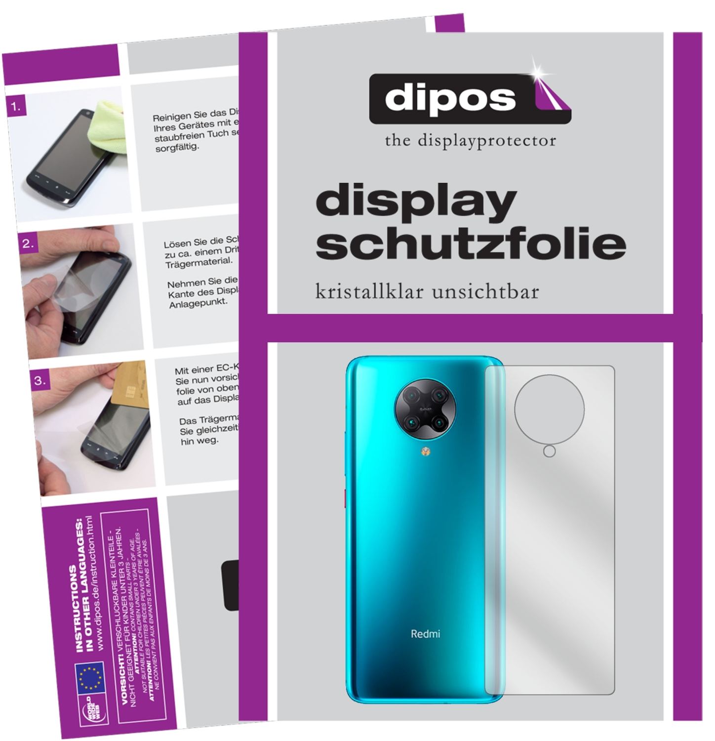 Klare Displayschutzfolie von dipos passend für Xiaomi Redmi K30 Pro Rückseite, präziser Zuschnitt und blasenfrei montiert