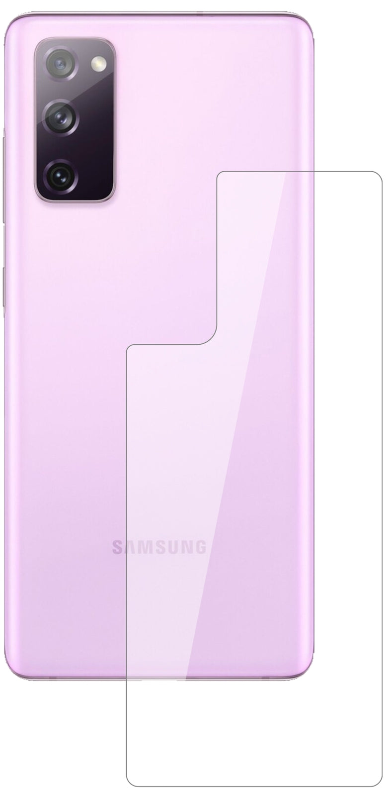 SamsungGalaxy S20 FE 5G Rückseite mit aufgebrachter dipos Flex Schutzfolie, glasklare Darstellung ohne Einschränkungen