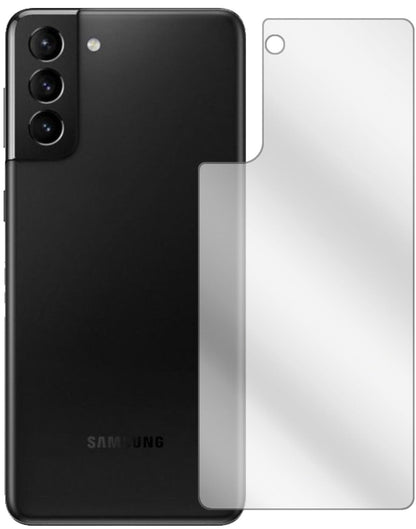 SamsungGalaxy S21 Plus Rückseite mit aufgebrachter dipos Displayschutzfolie, glasklare Darstellung ohne Einschränkungen