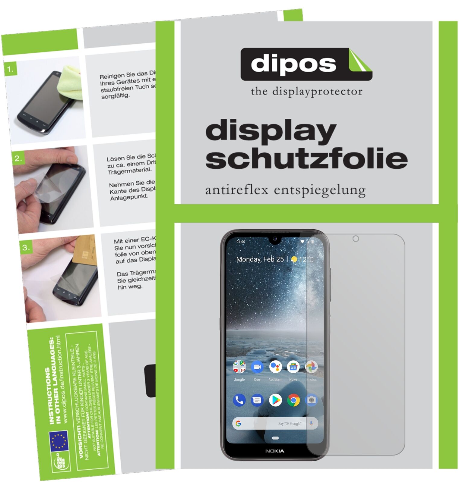 Nokia46057 mit aufgebrachter dipos Displayschutzfolie, die lästige Fingerabdrücke minimiert