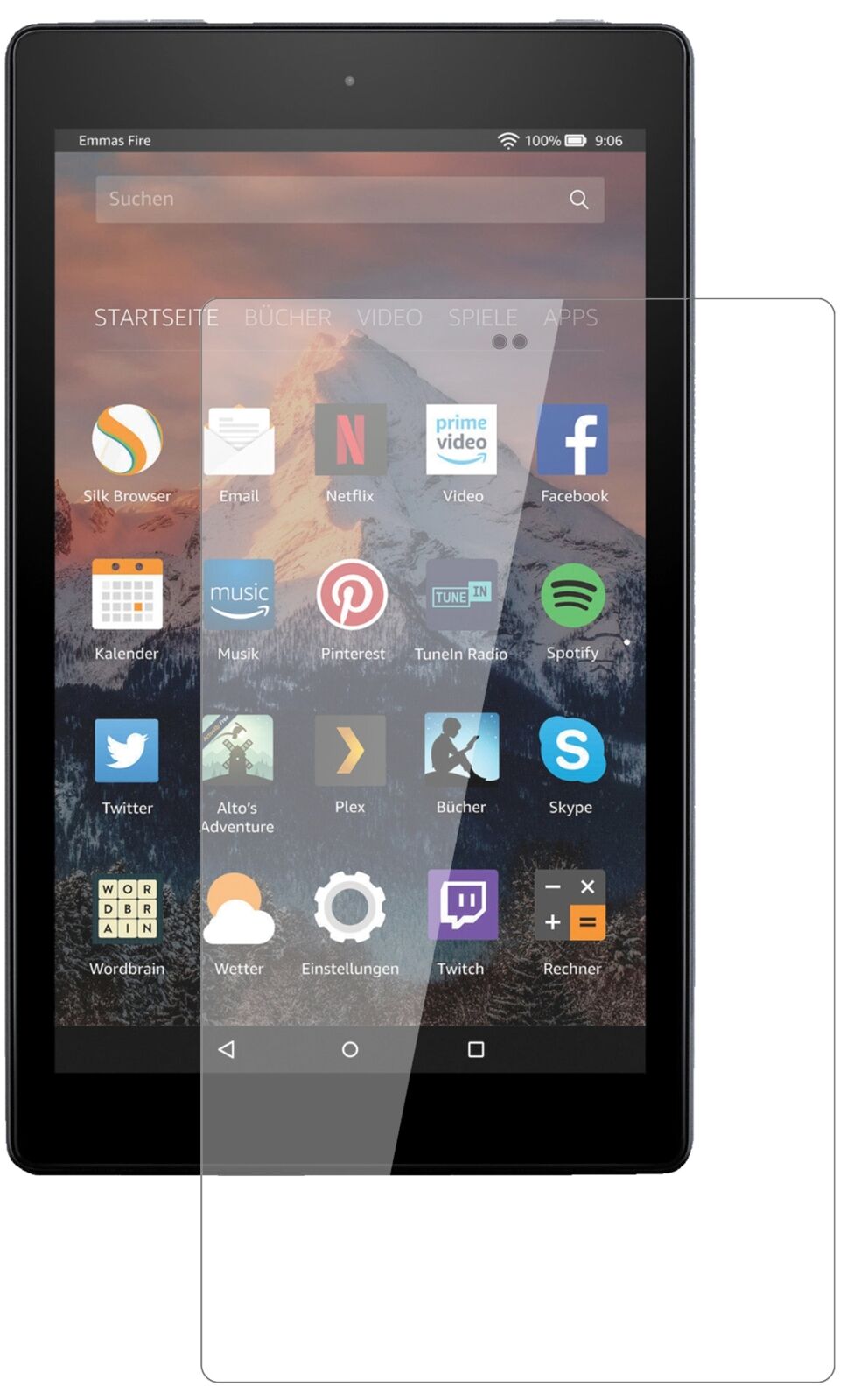 AmazonFire HD 8 (2020) mit aufgebrachter dipos Flex Schutzfolie, glasklare Darstellung ohne Einschränkungen