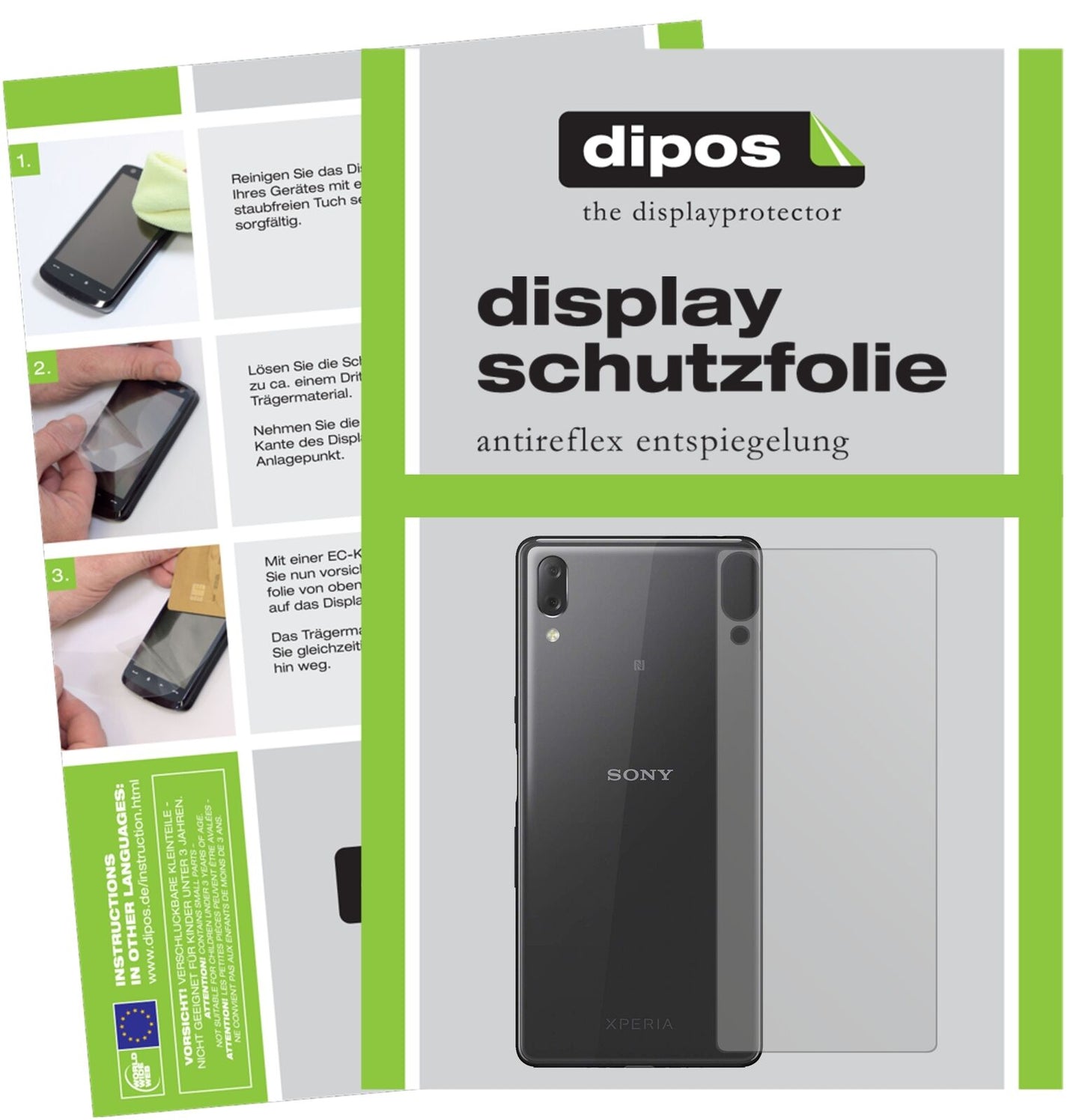 SonyXperia L3 Rückseite mit aufgebrachter dipos Displayschutzfolie, die lästige Fingerabdrücke minimiert