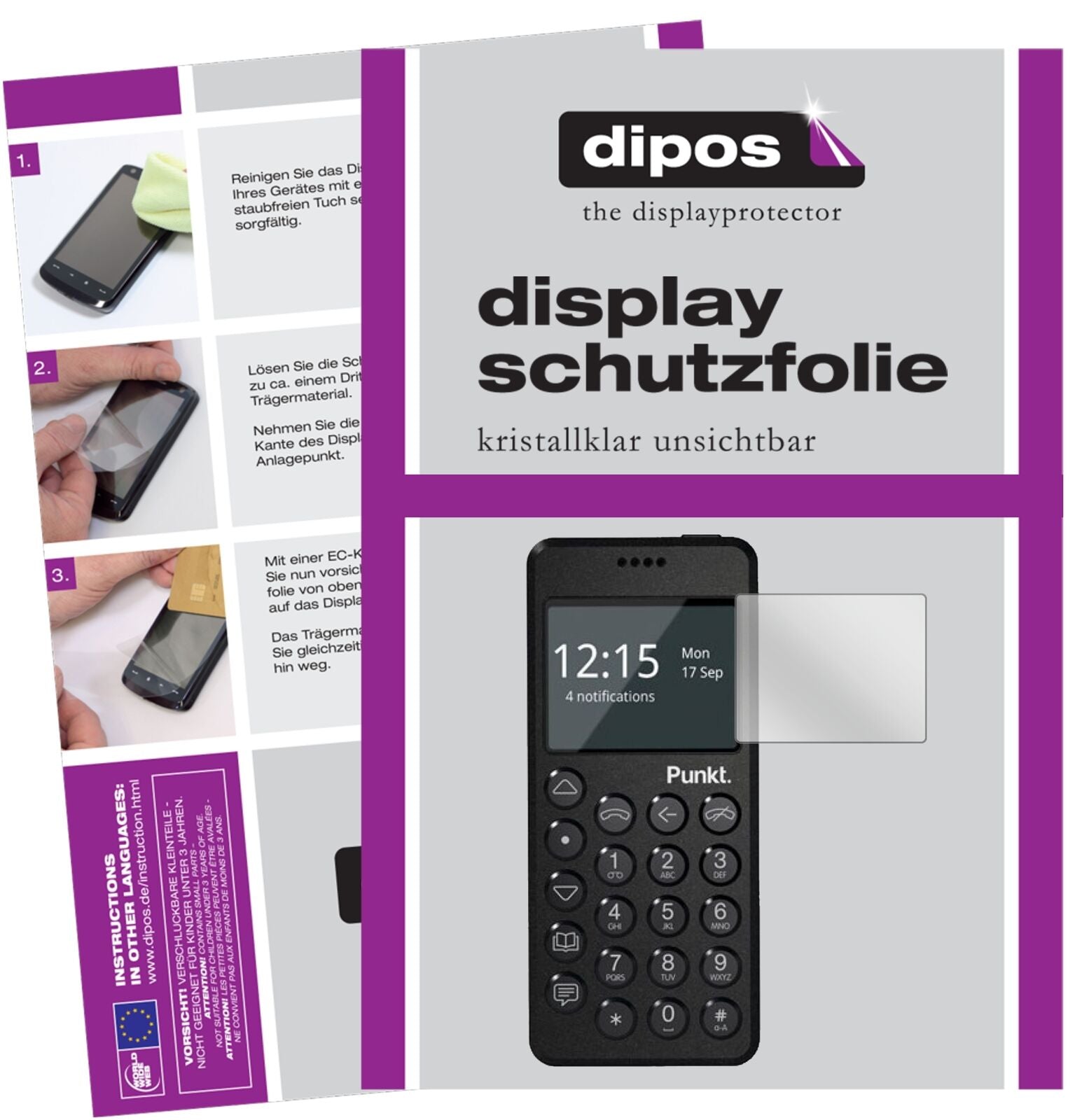 PunktMP02 mit aufgebrachter dipos Displayschutzfolie, glasklare Darstellung ohne Einschränkungen
