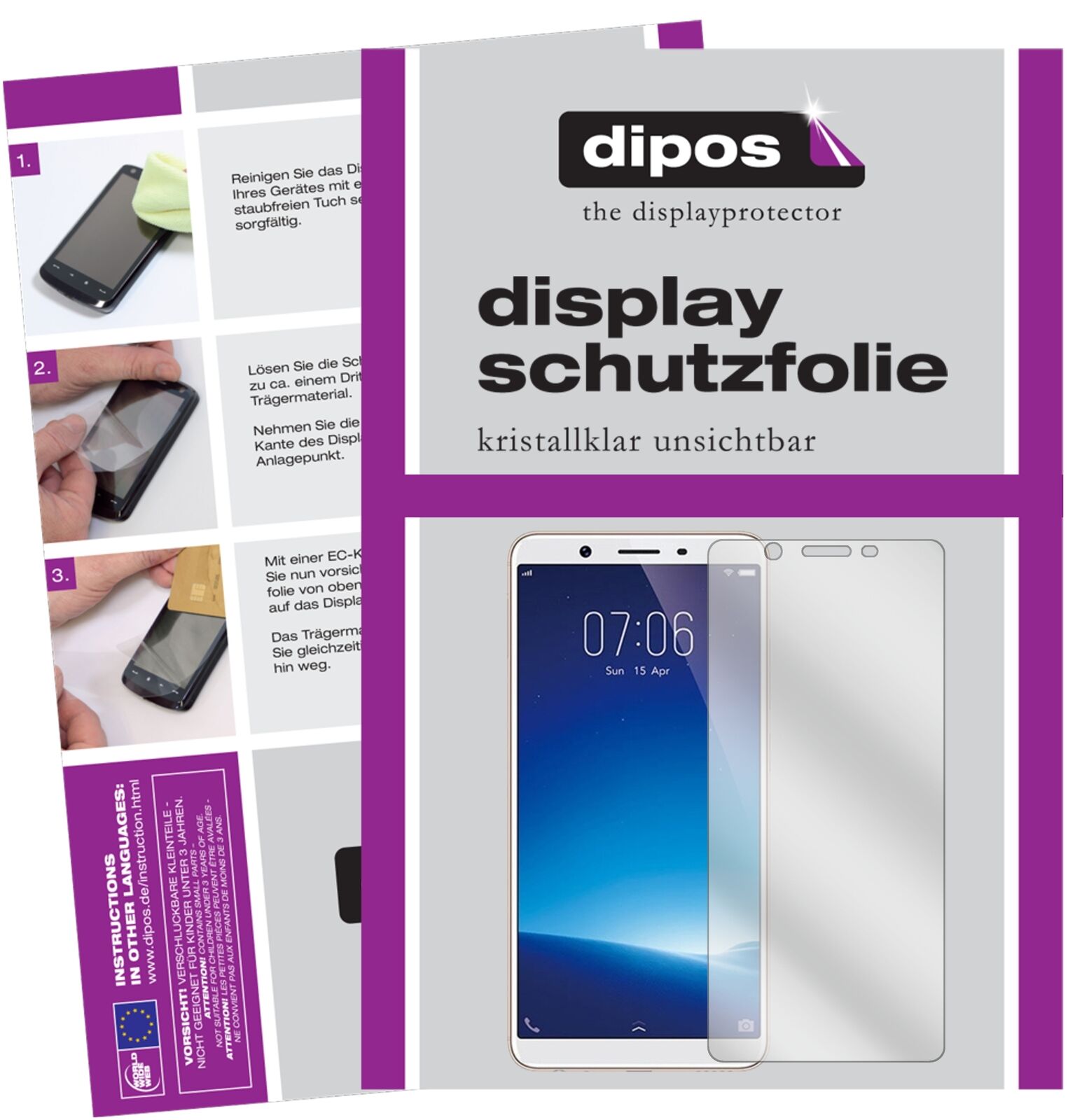 VivoY71 mit aufgebrachter dipos Displayschutzfolie, glasklare Darstellung ohne Einschränkungen