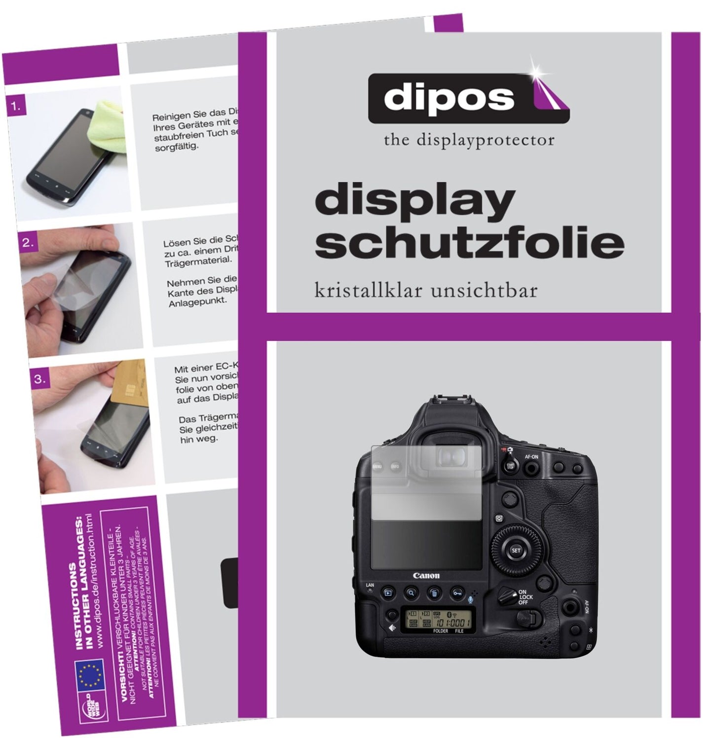 Klare Displayschutzfolie von dipos passend für Canon Eos 1D, präziser Zuschnitt und blasenfrei montiert