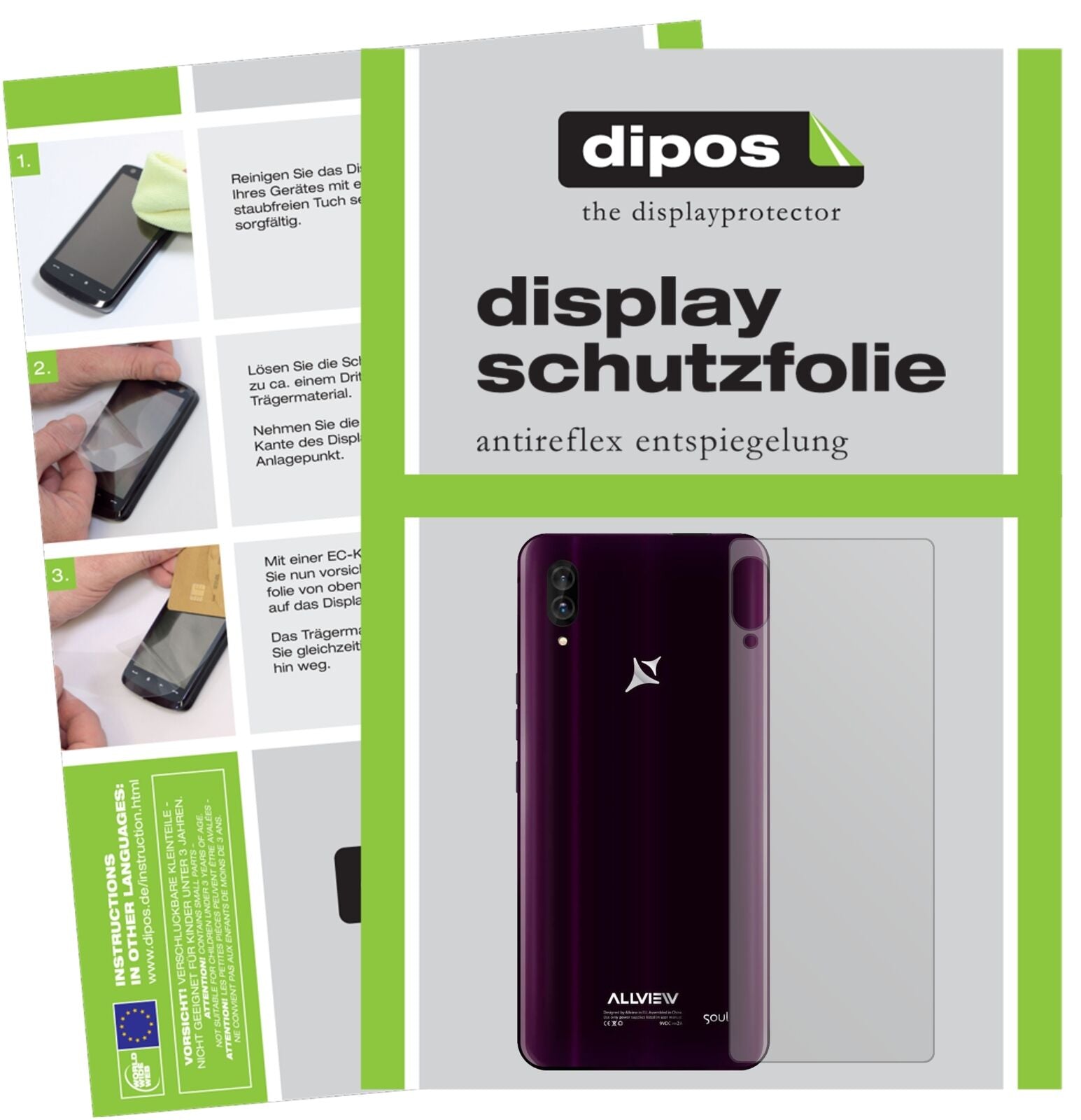 AllviewSoul X6 Xtreme Rückseite mit aufgebrachter dipos Displayschutzfolie, die lästige Fingerabdrücke minimiert
