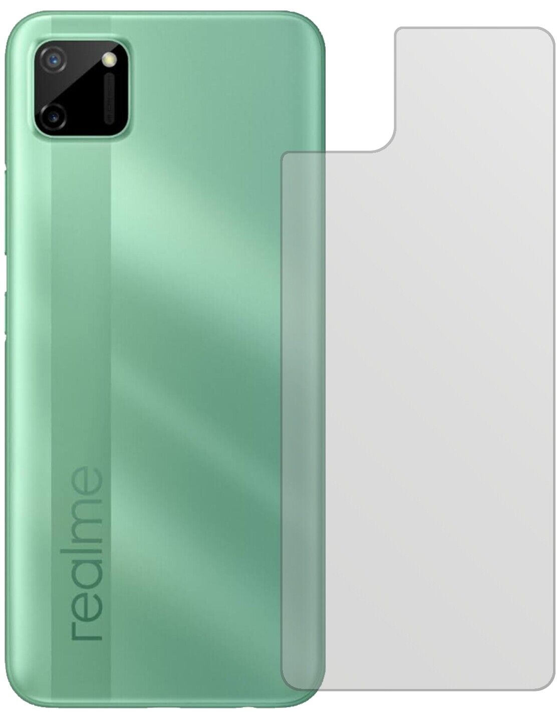 OppoRealme C11 Rückseite mit aufgebrachter dipos Displayschutzfolie, die lästige Fingerabdrücke minimiert