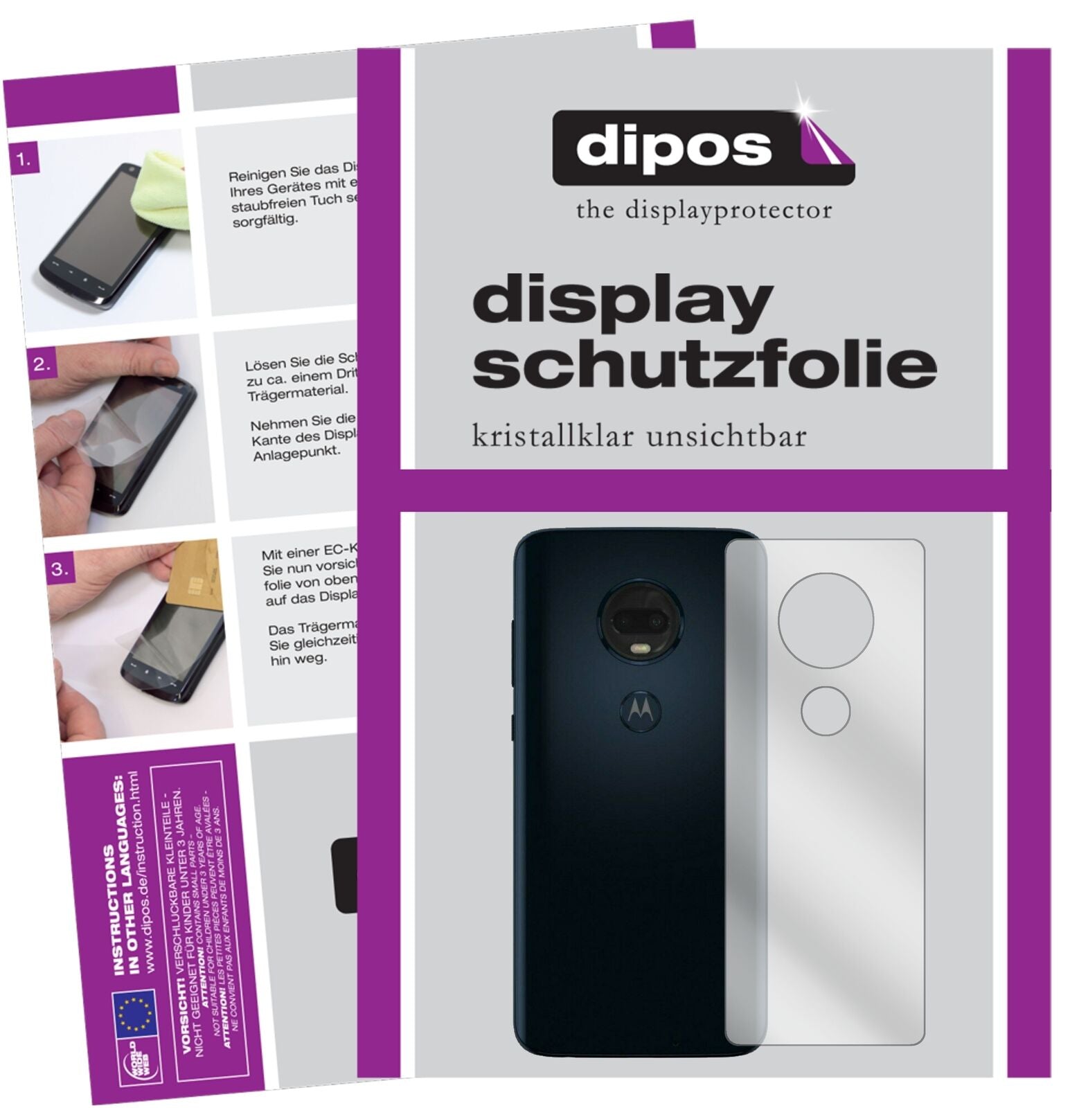 MotorolaMoto G7 Plus Rückseite mit aufgebrachter dipos Displayschutzfolie, glasklare Darstellung ohne Einschränkungen