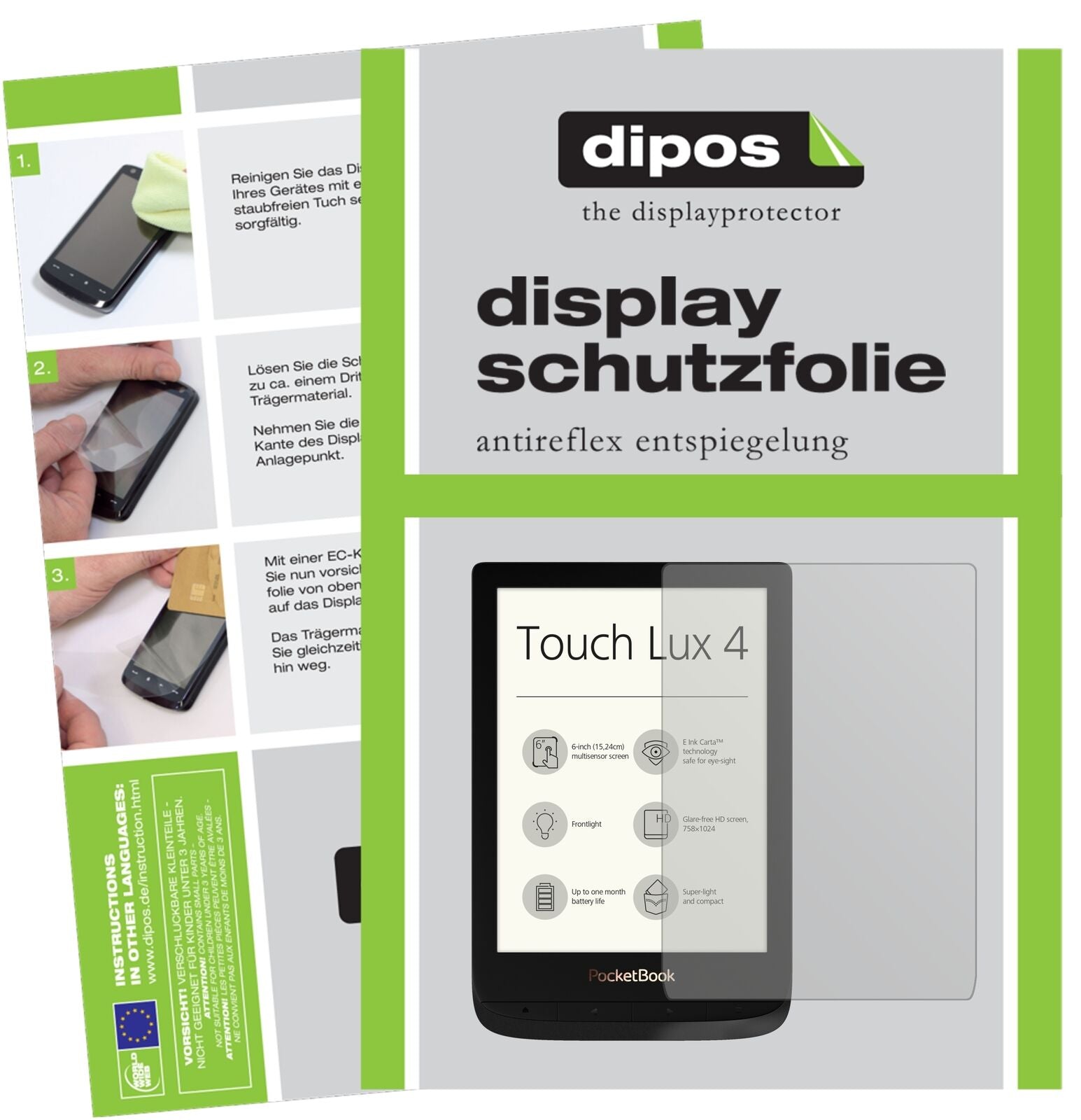 PocketBookTouch Lux 4 mit aufgebrachter dipos Displayschutzfolie, die lästige Fingerabdrücke minimiert