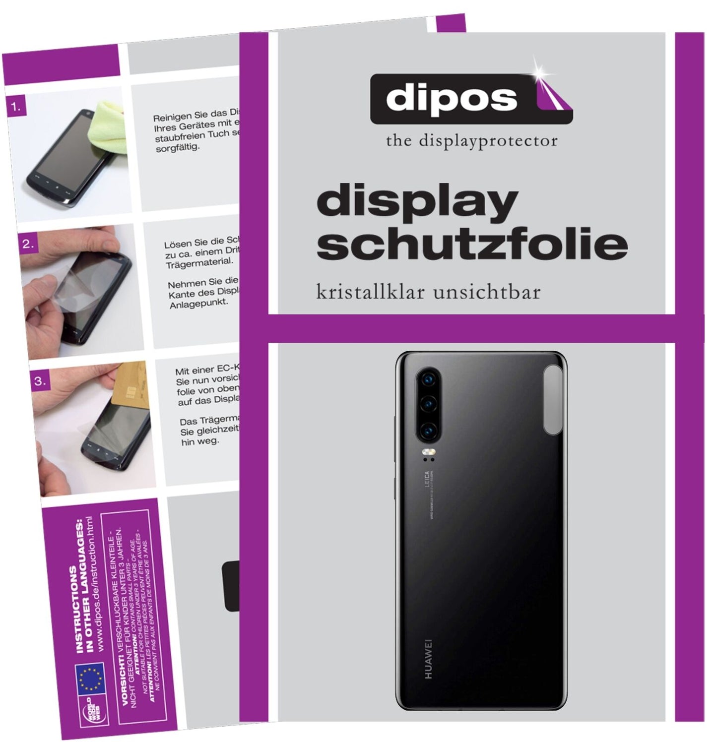 HuaweiP30 Kameralinse mit aufgebrachter dipos Displayschutzfolie, glasklare Darstellung ohne Einschränkungen