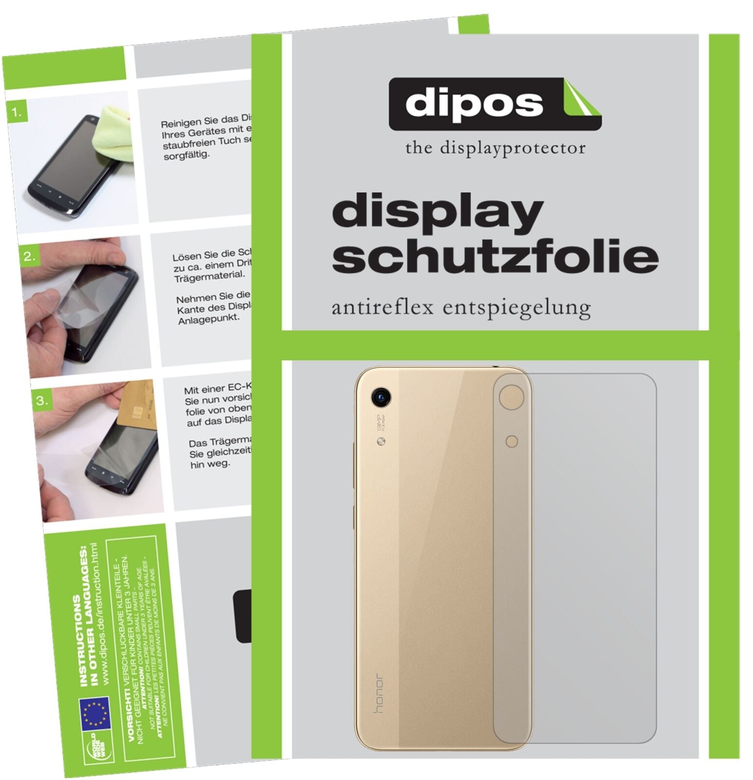 Matte Displayschutzfolie von dipos passend für Honor 8A Pro Rückseite, präziser Zuschnitt und blasenfrei montiert