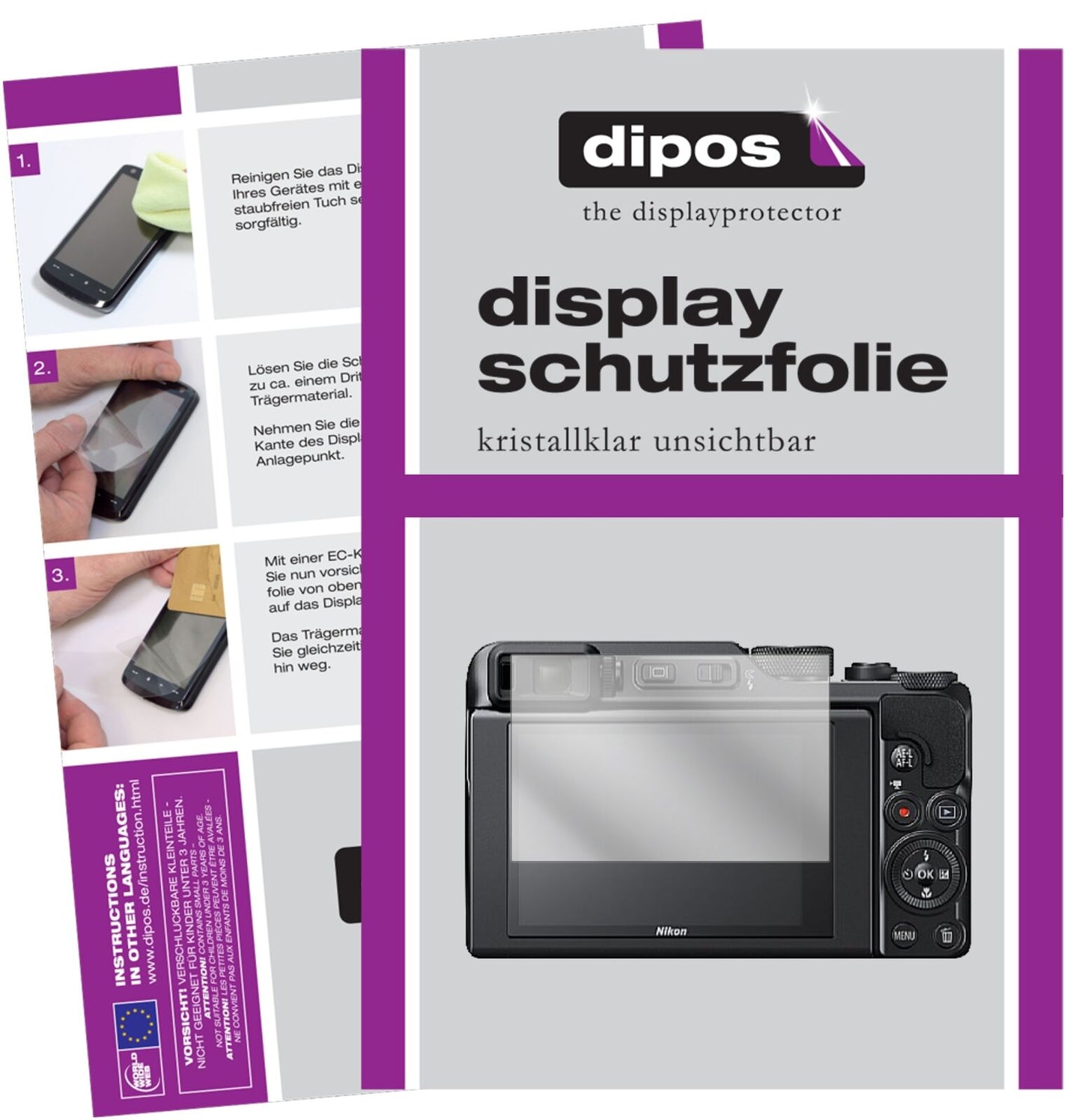 NikonCoolpix A1000 mit aufgebrachter dipos Displayschutzfolie, glasklare Darstellung ohne Einschränkungen