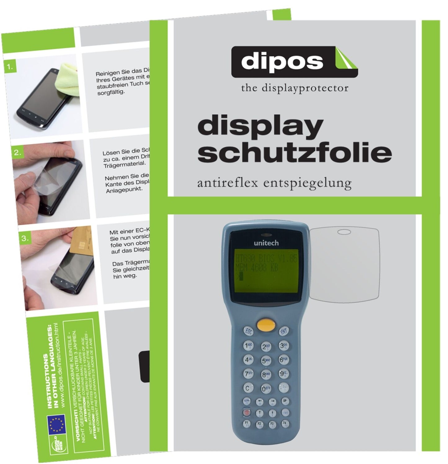 UnitechHT630 mit aufgebrachter dipos Displayschutzfolie, die lästige Fingerabdrücke minimiert