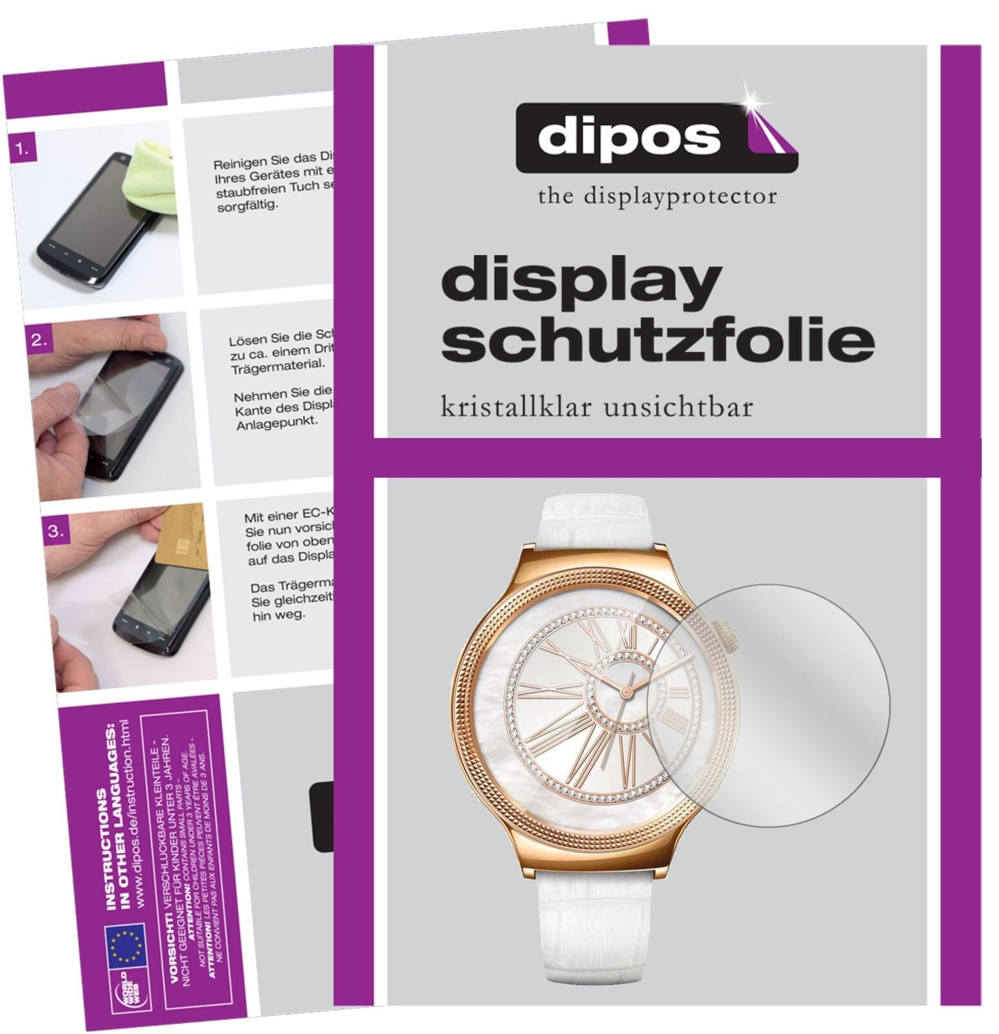 HuaweiWatch Jewel mit aufgebrachter dipos Displayschutzfolie, glasklare Darstellung ohne Einschränkungen