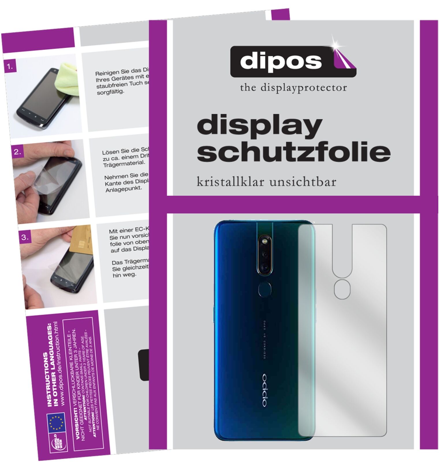 OppoF11 Rückseite mit aufgebrachter dipos Displayschutzfolie, glasklare Darstellung ohne Einschränkungen