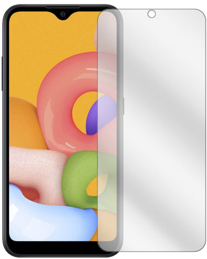 SamsungGalaxy A01 mit aufgebrachter dipos Displayschutzfolie, glasklare Darstellung ohne Einschränkungen