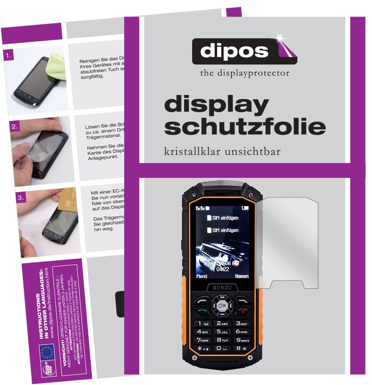 RunzuM8 mit aufgebrachter dipos Displayschutzfolie, glasklare Darstellung ohne Einschränkungen