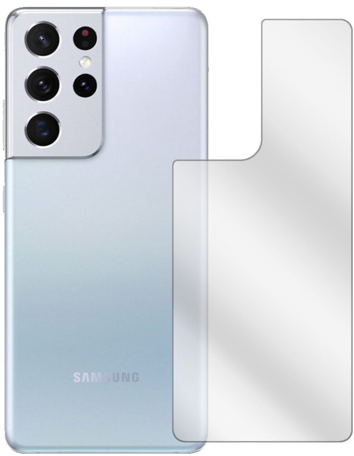 SamsungGalaxy S21 Ultra Rückseite mit aufgebrachter dipos Displayschutzfolie, glasklare Darstellung ohne Einschränkungen