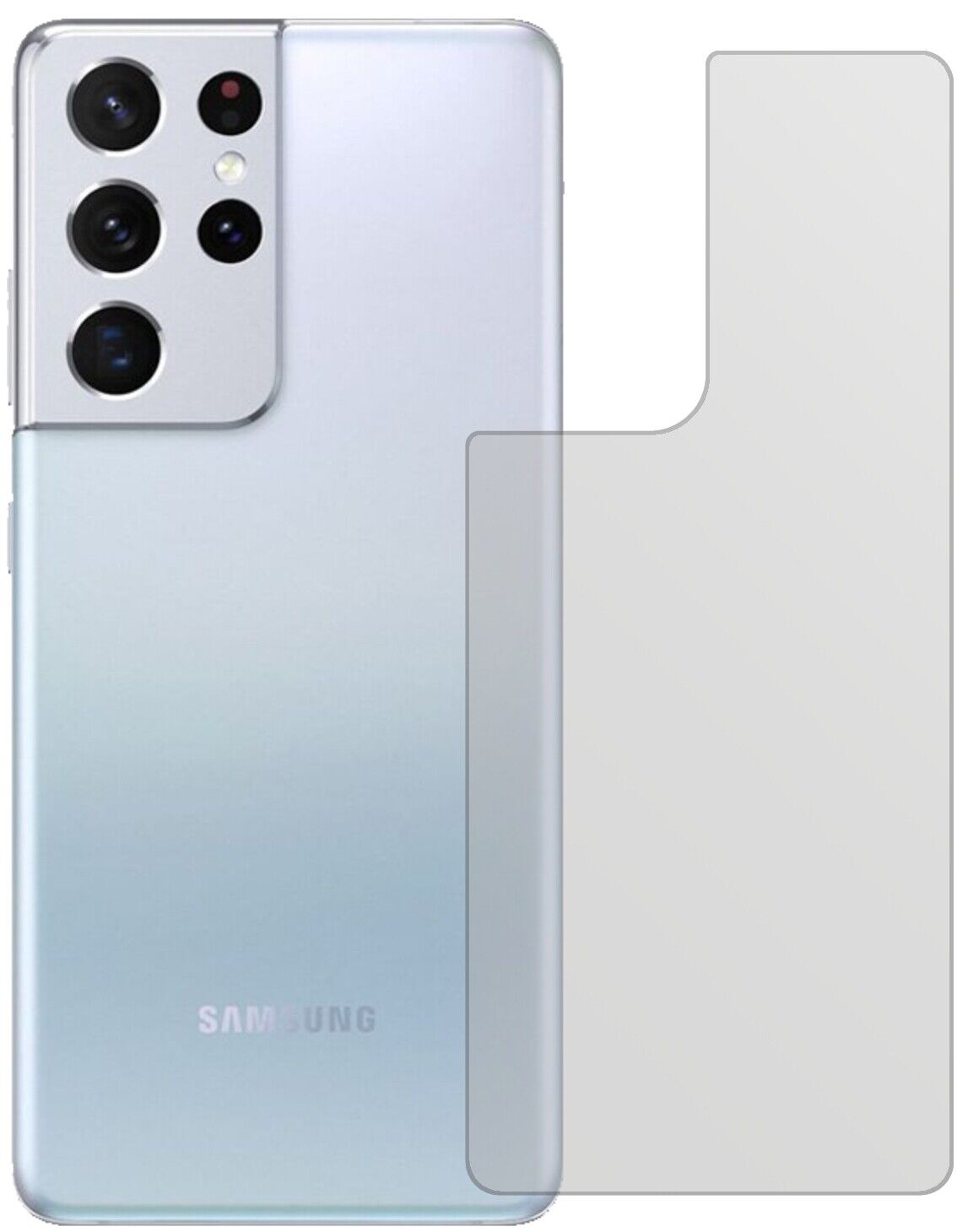 SamsungGalaxy S21 Ultra Rückseite mit aufgebrachter dipos Displayschutzfolie, die lästige Fingerabdrücke minimiert