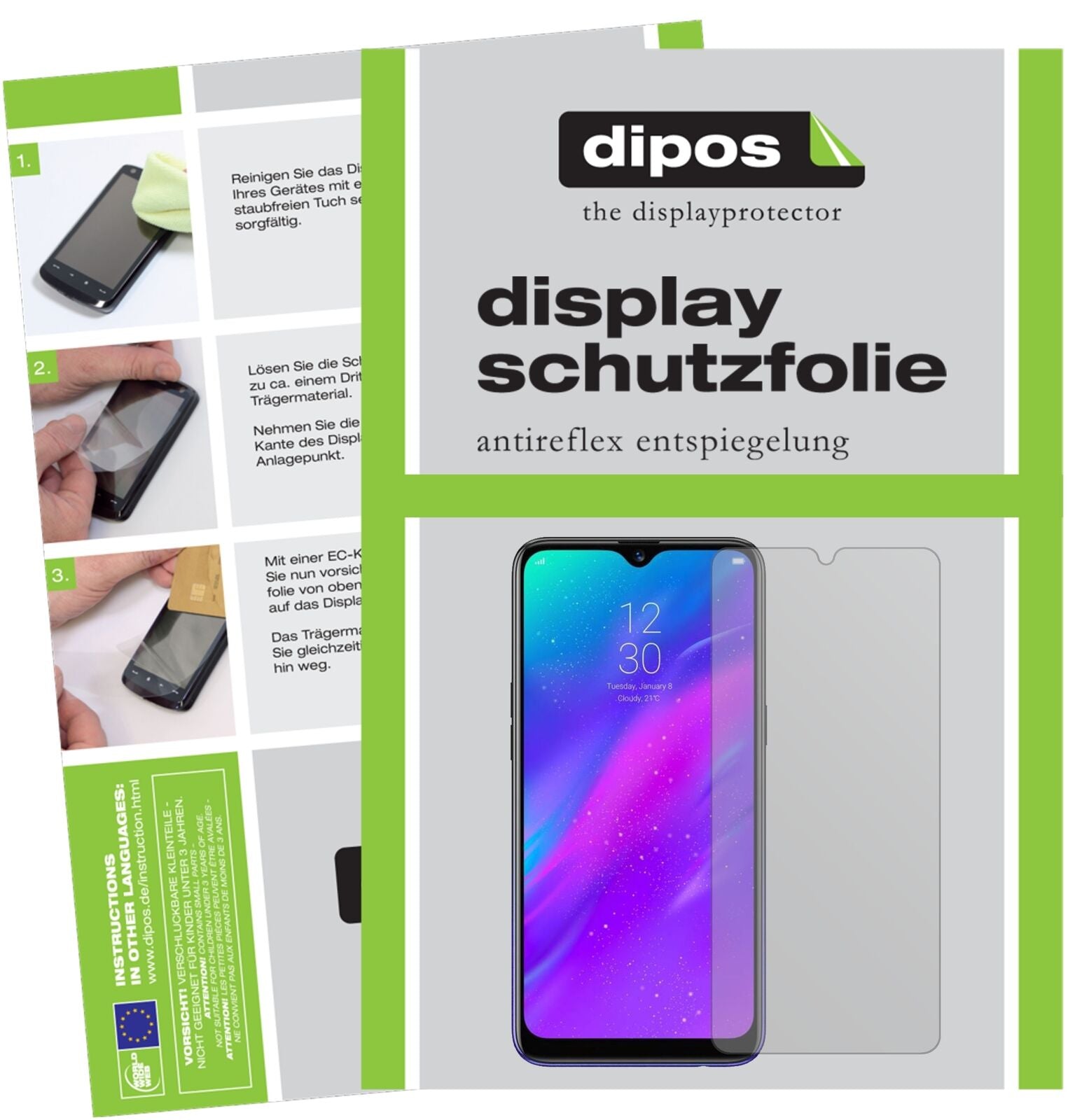 OppoRealme 3 mit aufgebrachter dipos Displayschutzfolie, die lästige Fingerabdrücke minimiert