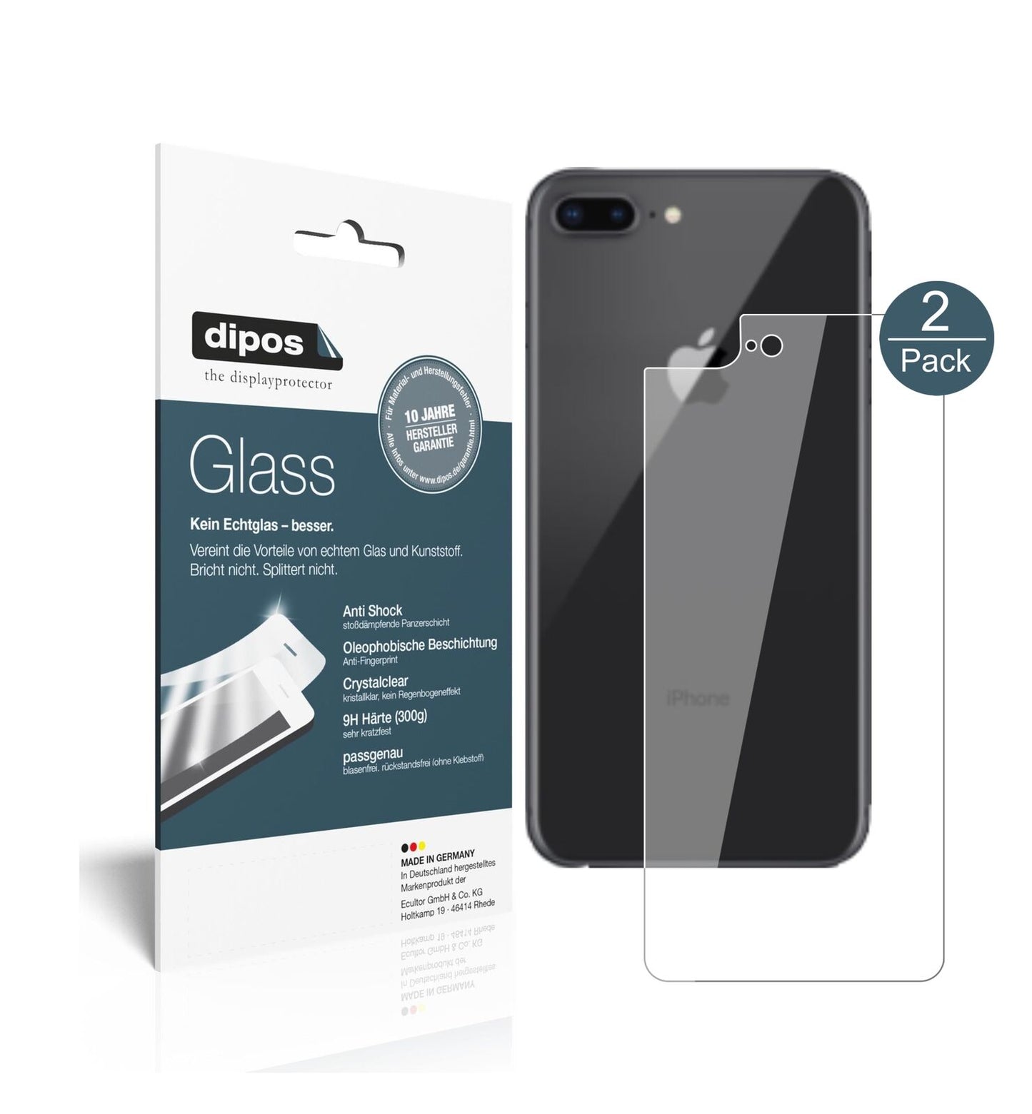 1x 9H Schutzfolie für Apple iPhone 8 Plus Rückseite Panzerfolie