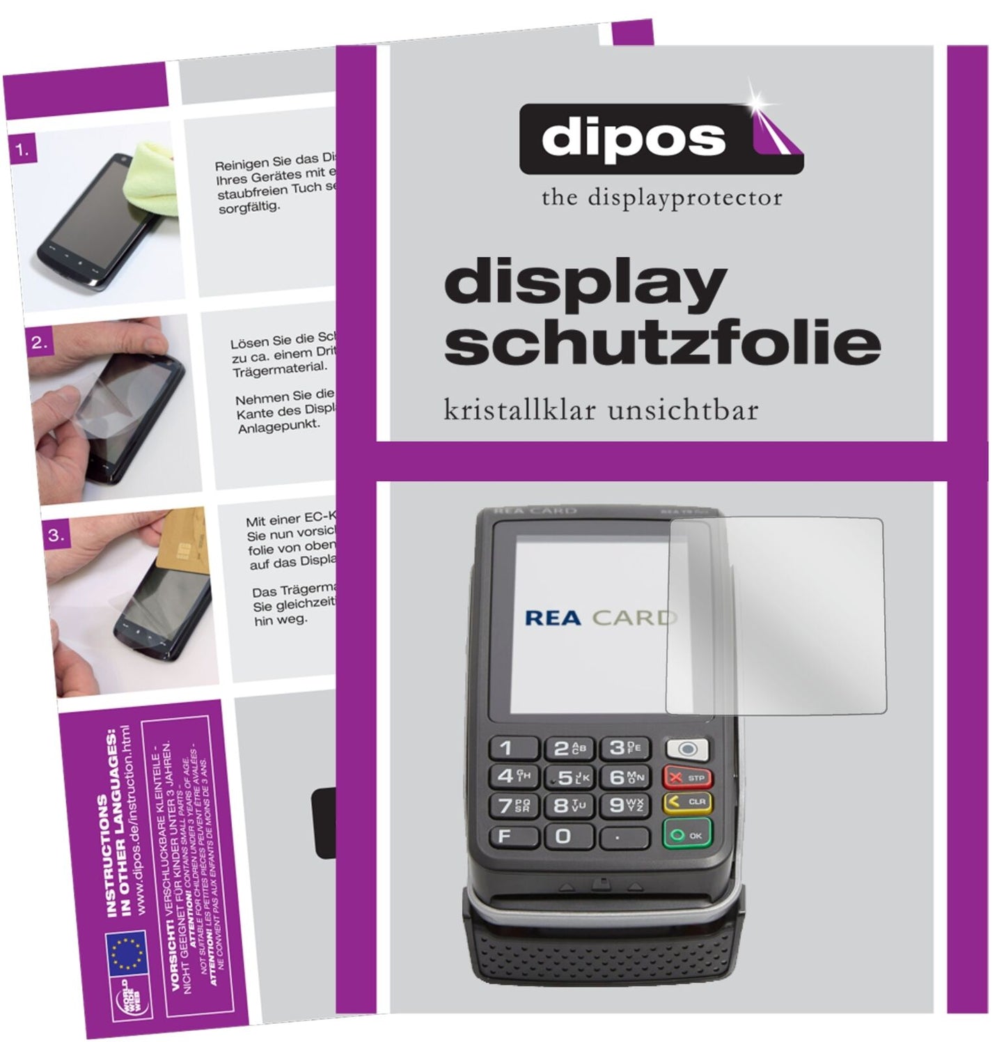 REA CARDT9 flex Terminal mit aufgebrachter dipos Displayschutzfolie, glasklare Darstellung ohne Einschränkungen