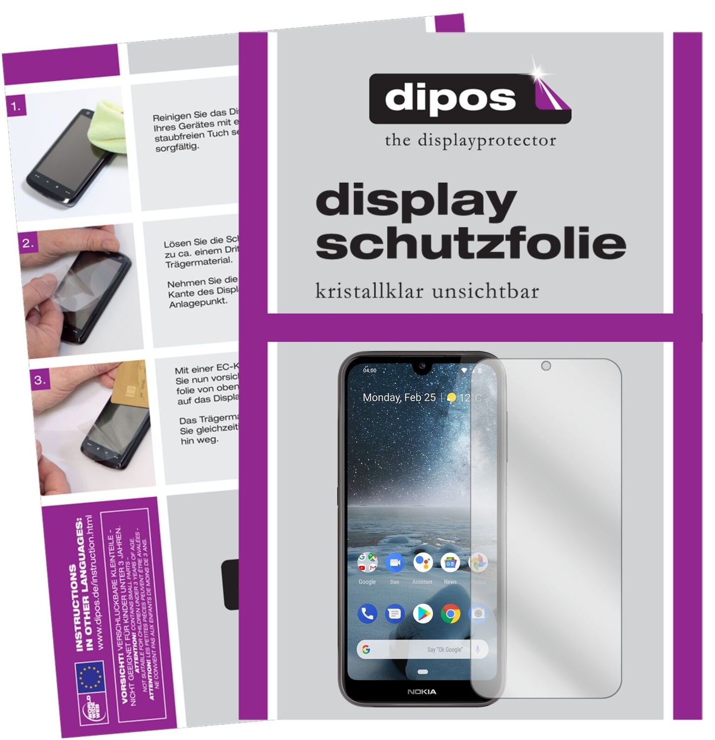 Nokia46057 mit aufgebrachter dipos Displayschutzfolie, glasklare Darstellung ohne Einschränkungen