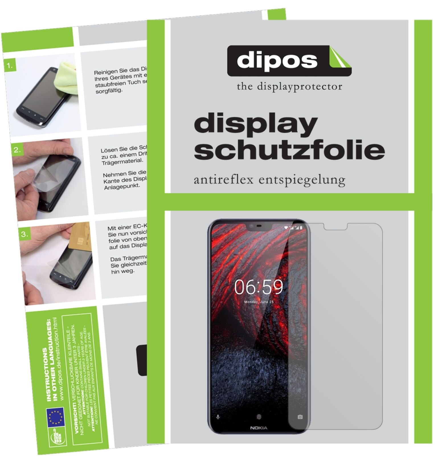 Nokia6.1 Plus mit aufgebrachter dipos Displayschutzfolie, die lästige Fingerabdrücke minimiert