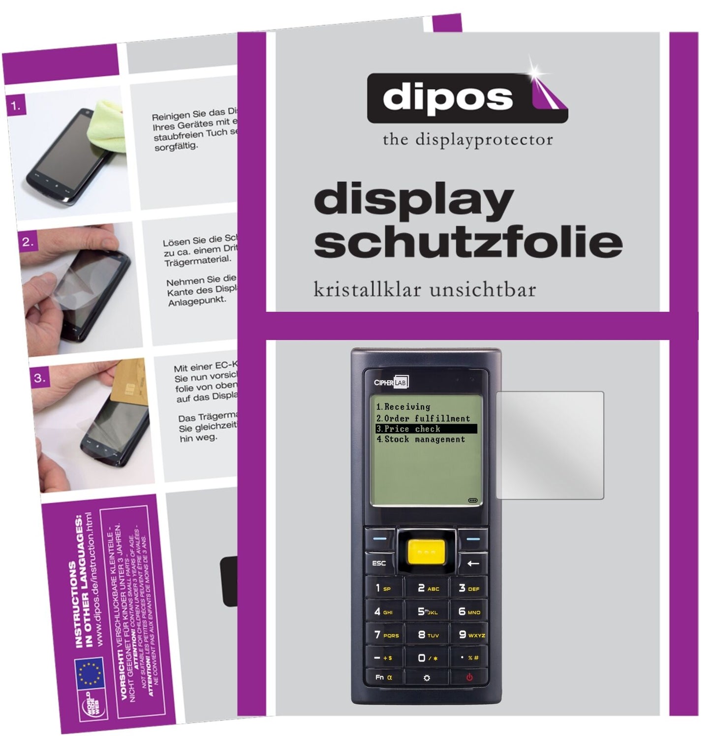 Cipherlab8260 mit aufgebrachter dipos Displayschutzfolie, glasklare Darstellung ohne Einschränkungen