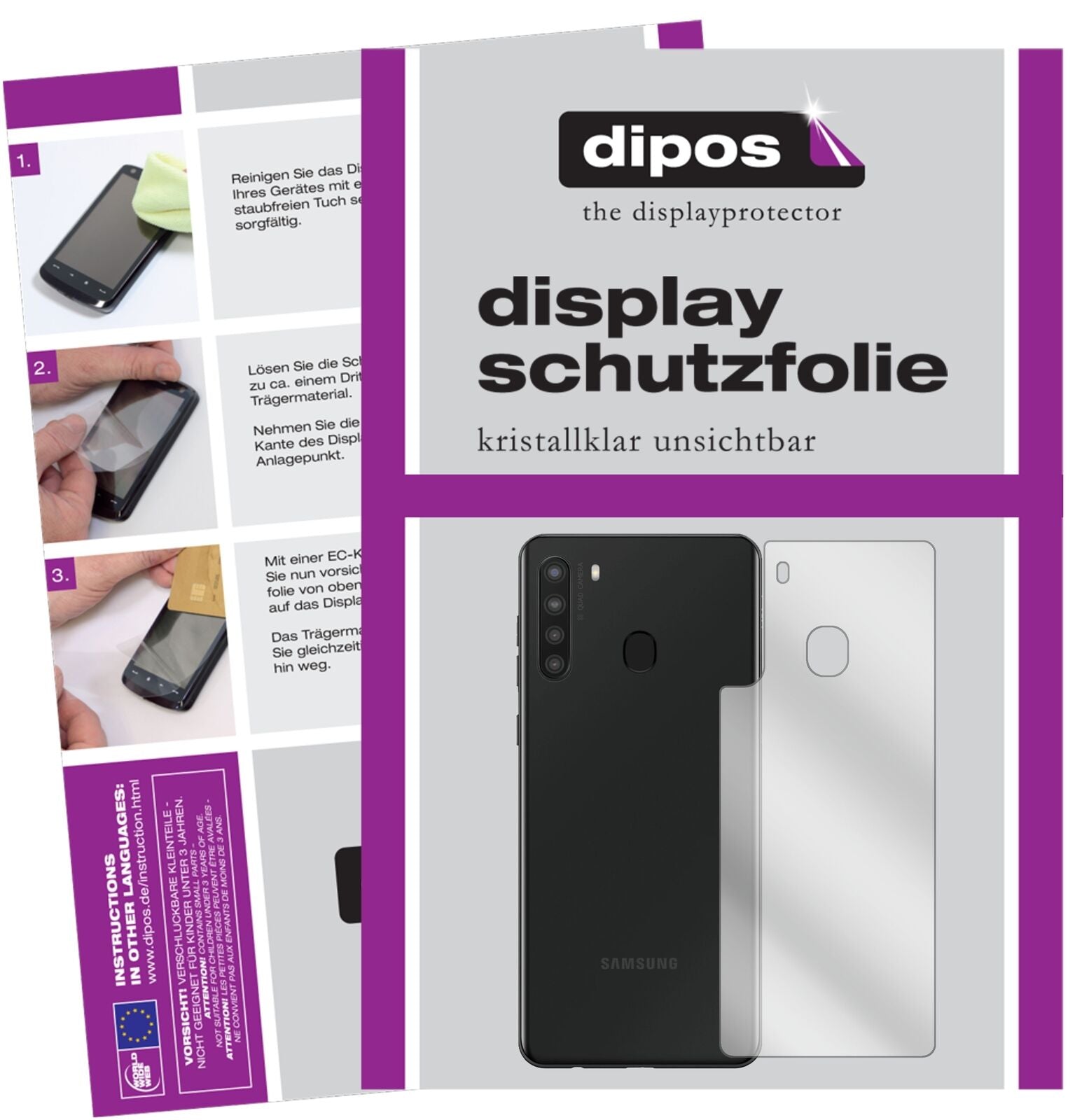 Klare Displayschutzfolie von dipos passend für Samsung Galaxy A21 Rückseite, präziser Zuschnitt und blasenfrei montiert