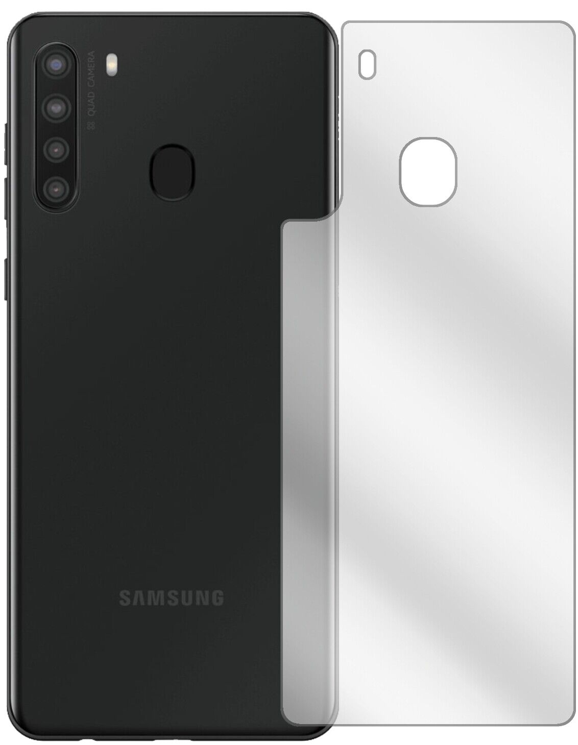 SamsungGalaxy A21 Rückseite mit aufgebrachter dipos Displayschutzfolie, glasklare Darstellung ohne Einschränkungen