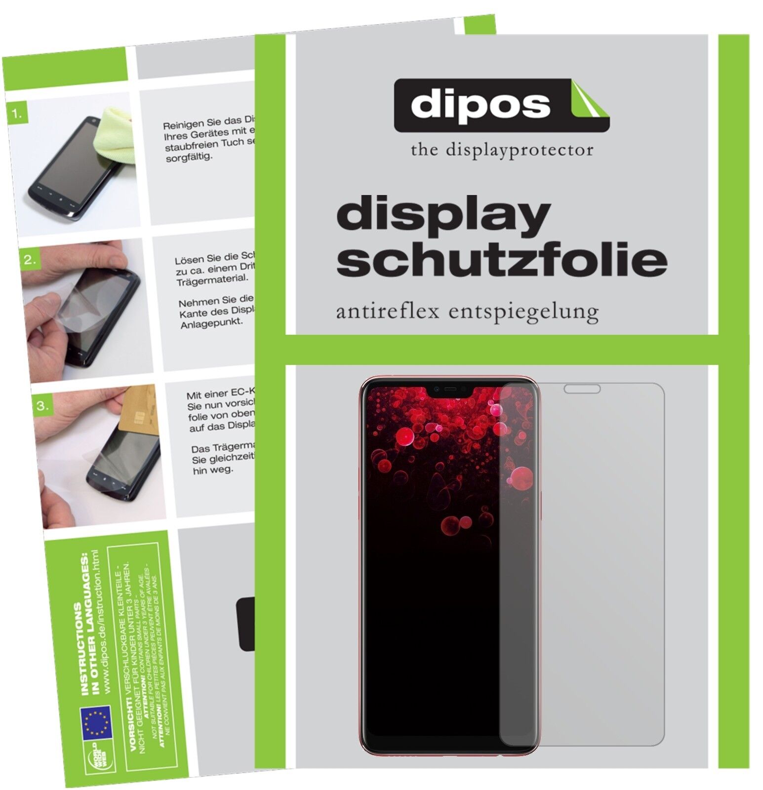 OppoF7 mit aufgebrachter dipos Displayschutzfolie, die lästige Fingerabdrücke minimiert