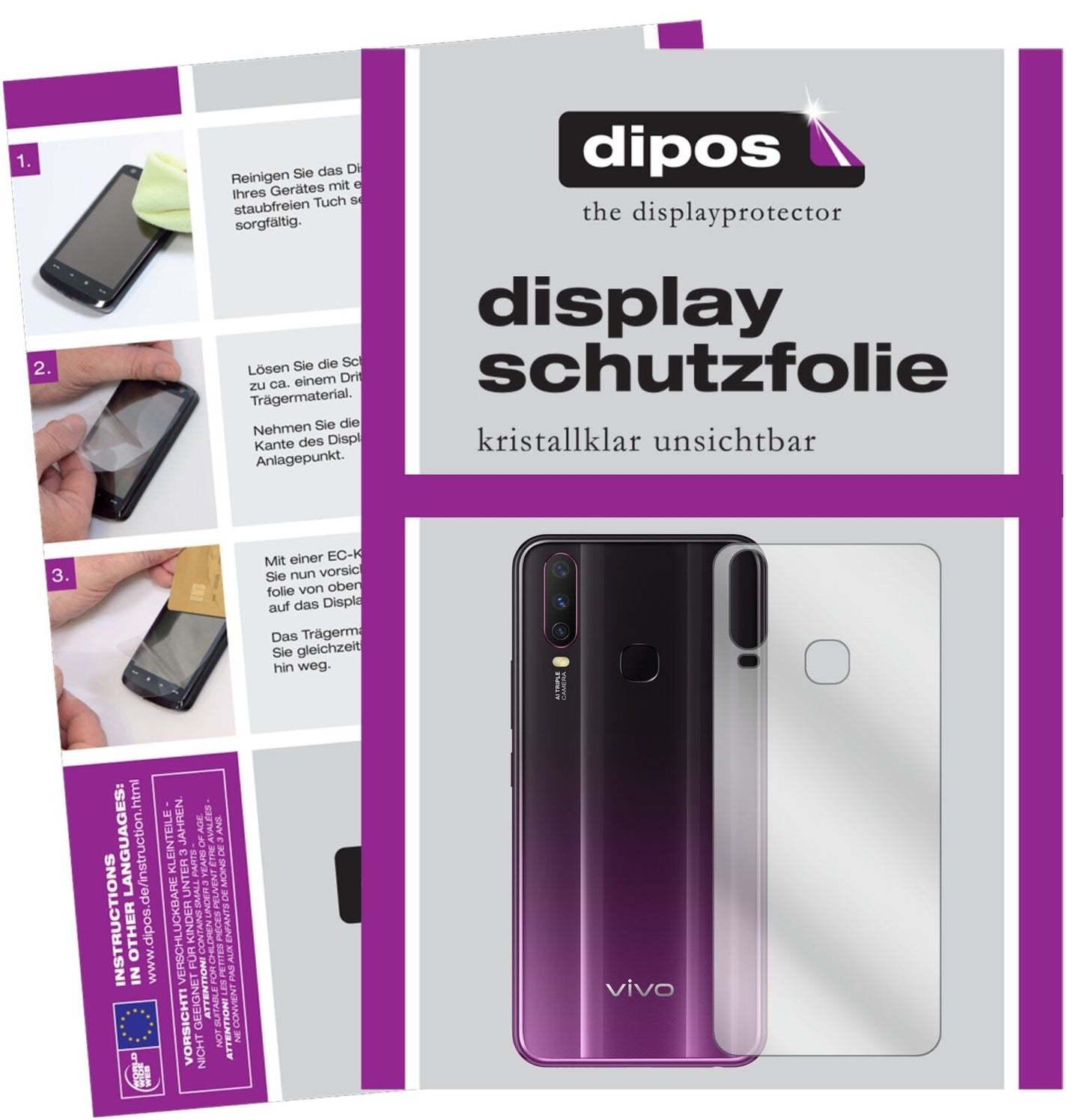 VivoY17 Rückseite mit aufgebrachter dipos Displayschutzfolie, glasklare Darstellung ohne Einschränkungen