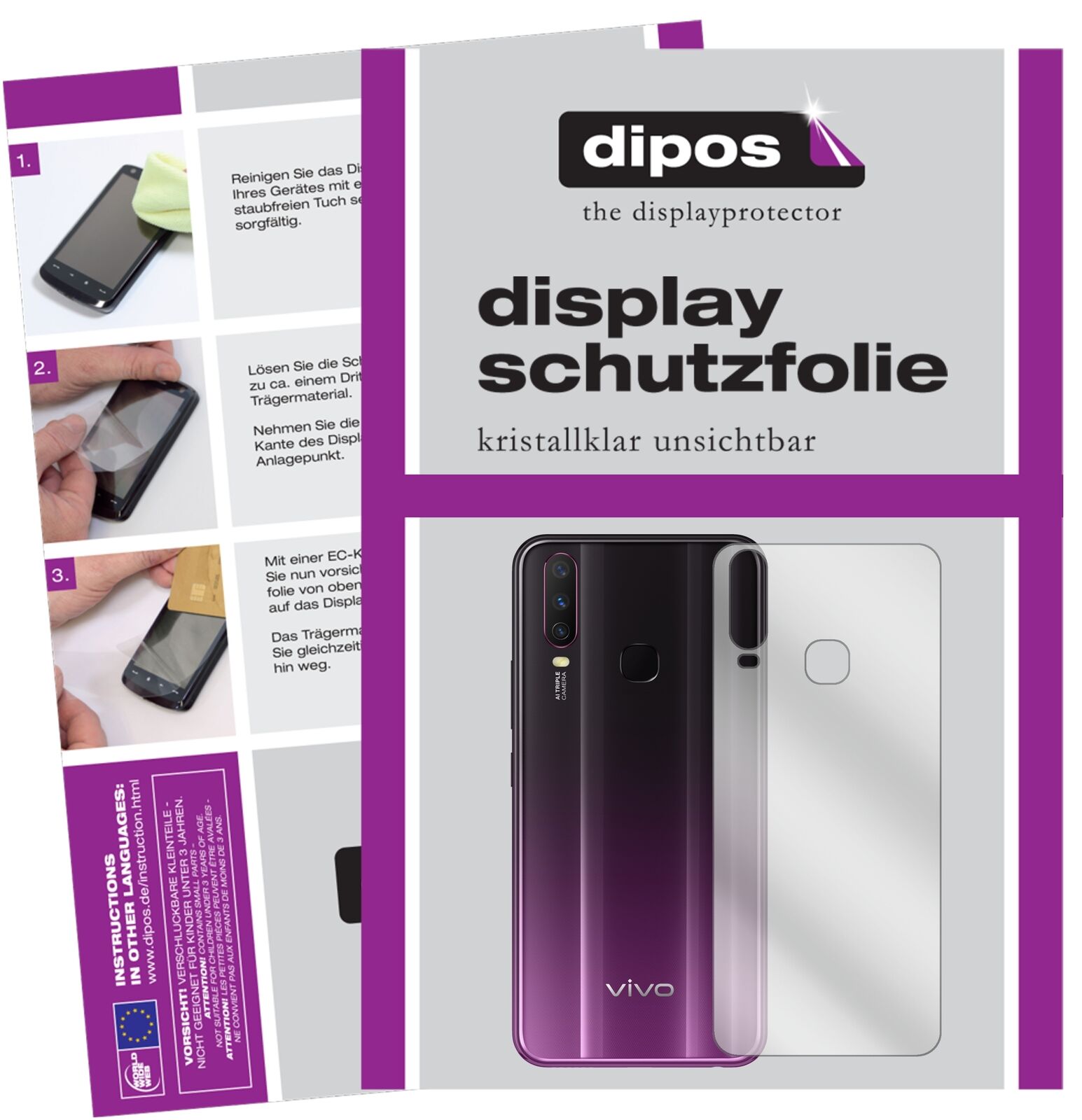 VivoY17 Rückseite mit aufgebrachter dipos Displayschutzfolie, glasklare Darstellung ohne Einschränkungen