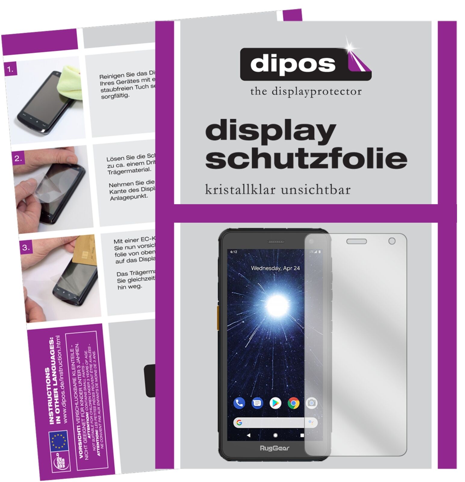 RugGearRG655 mit aufgebrachter dipos Displayschutzfolie, glasklare Darstellung ohne Einschränkungen