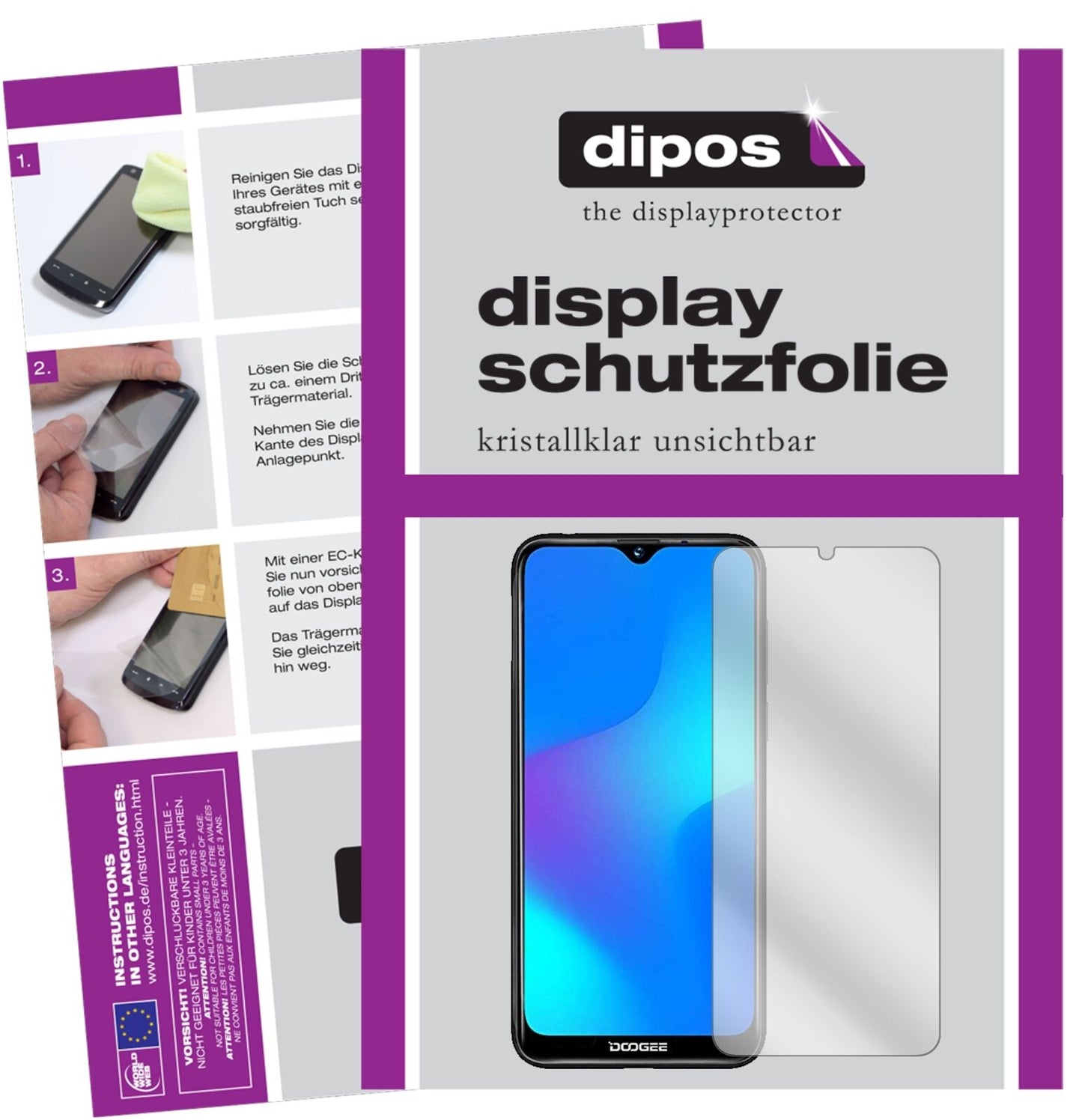 DoogeeY8 mit aufgebrachter dipos Displayschutzfolie, glasklare Darstellung ohne Einschränkungen