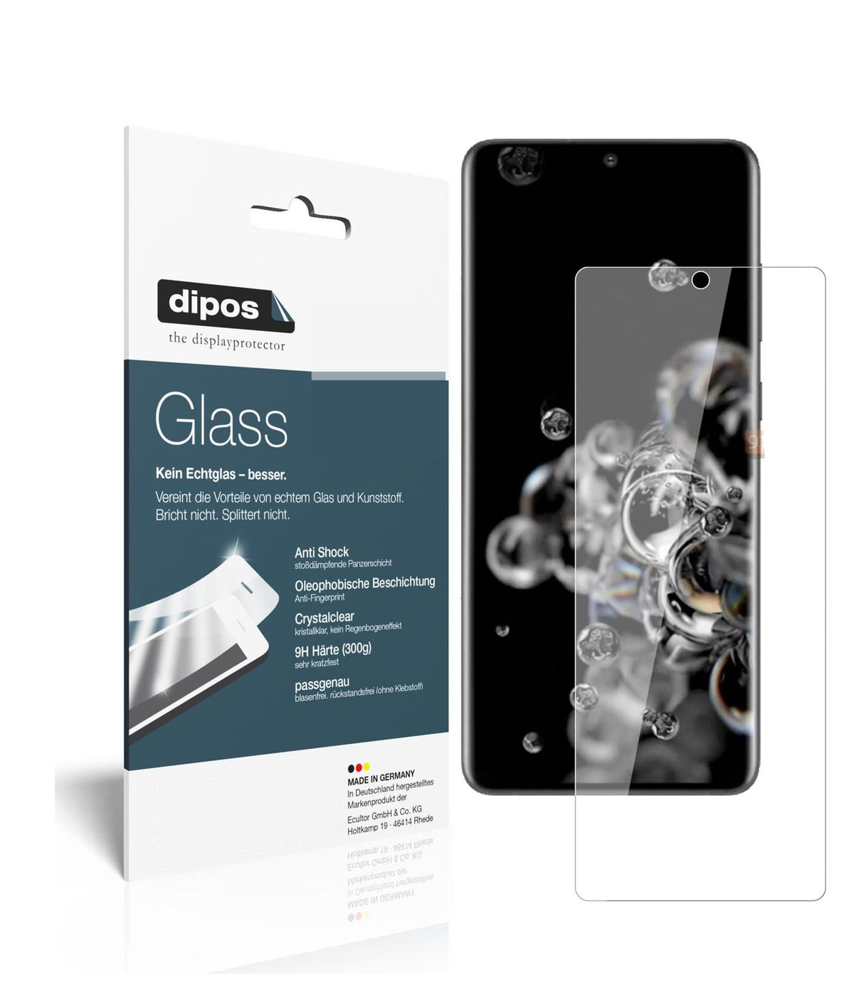 Klare Displayschutzfolie von dipos passend für Samsung Galaxy S20 Ultra, 9H kratzfest und blasenfrei montiert