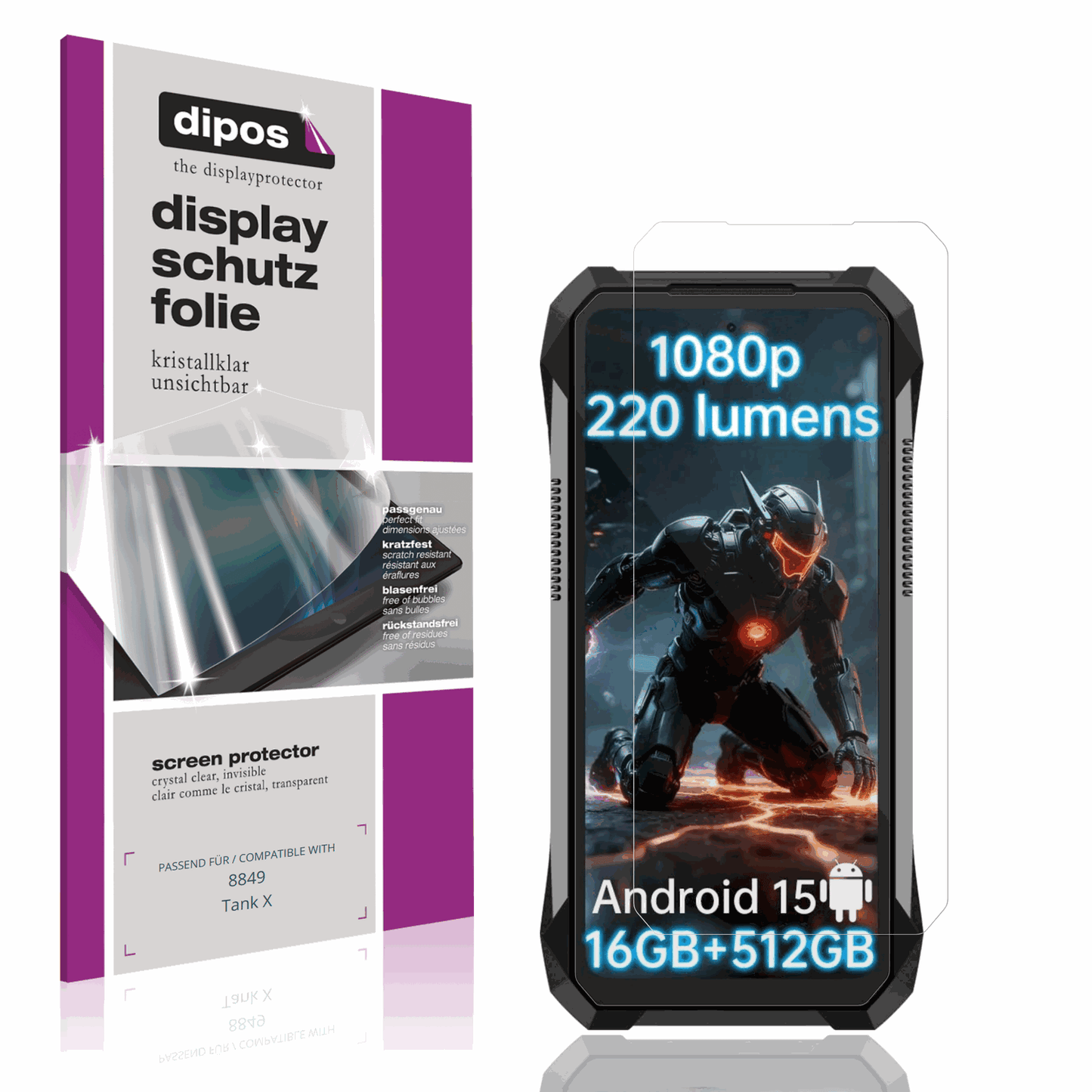 Klare Displayschutzfolie von dipos passend für 8849 Tank X, präziser Zuschnitt und blasenfrei montiert
