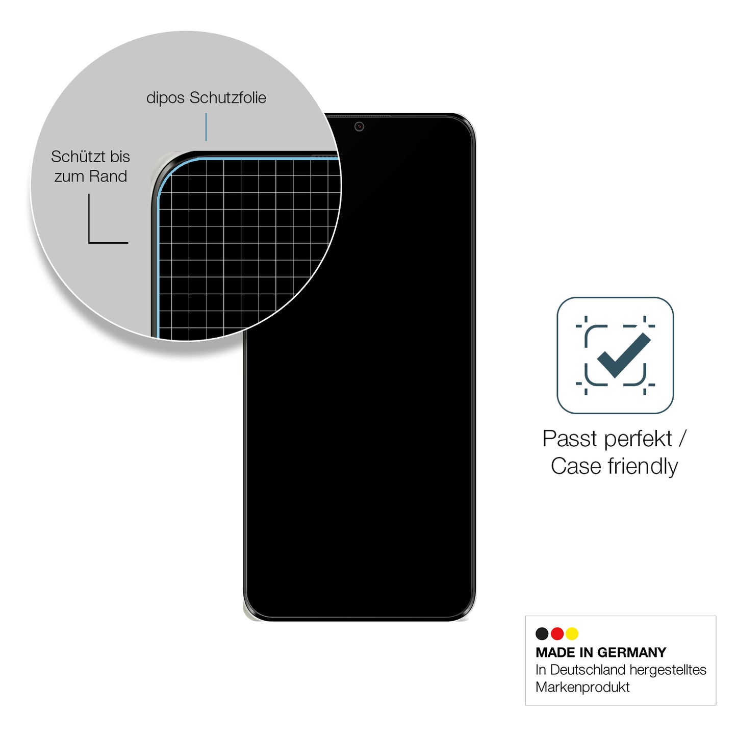 Schutzglasfolie mit optimaler Passform, zur Verwendung mit Hüllen geeignet