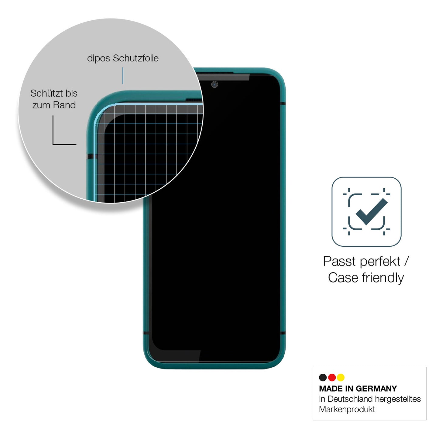 Schutzglasfolie mit optimaler Passform, zur Verwendung mit Hüllen geeignet